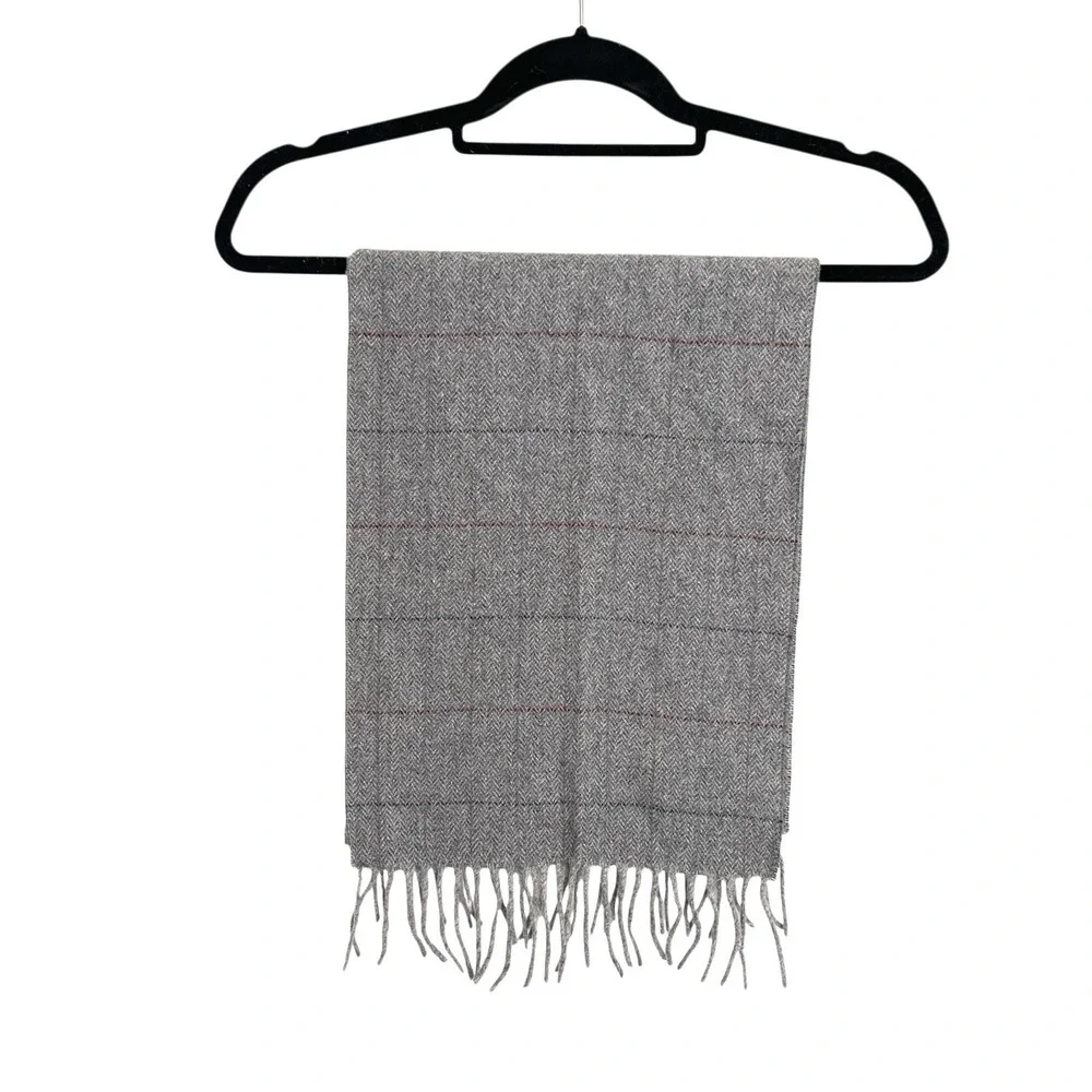 Men's Grey Checkered Herringbone 100% Wool Winter Scarf 12